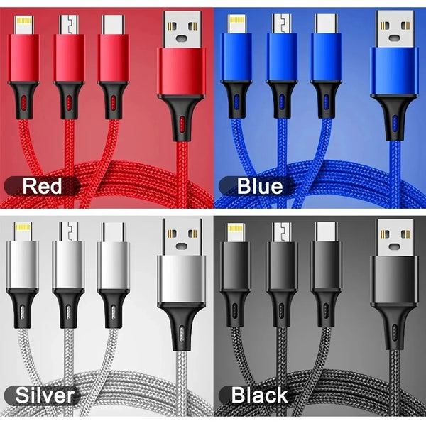 3 In 1 USB Type C Cable Phone Charge Cable Nylon Braided Universal Charging Data Cord For iphone 14 Xiaomi Huawei Mate 40