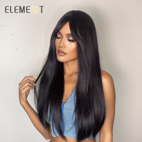 Element Synthetic Long Straight Black Wigs For Women Wig Daily Party Heat Resistant Fiber Fashion Popular Natural Headband