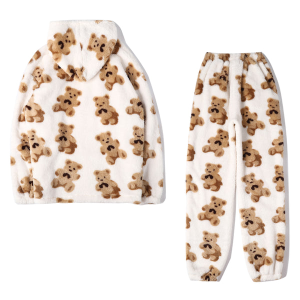 NAPLAND Women's Cute Printed Bear Cozy Fleece Hoodie & Pants Set, Winter Loungewear With Normal Sleeves, Soft And Warm Outfit