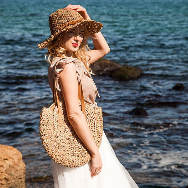 Women Boho Woven Handbag Summer Beach Tote Straw Bag Round Rattan Shoulder