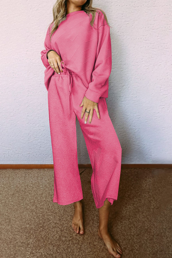 Strawberry Pink Textured Loose Fit T Shirt and Drawstring Pants Set