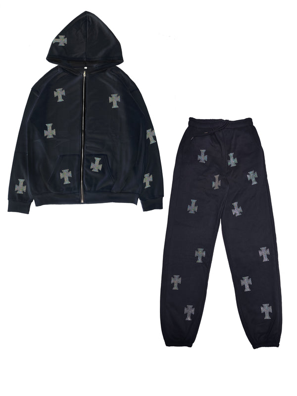 Y2K Rhinestone Graphic Pantsuits, Zip Up Pocket Hoodie & Jogger Sweatpants Outfits, Women's Clothing