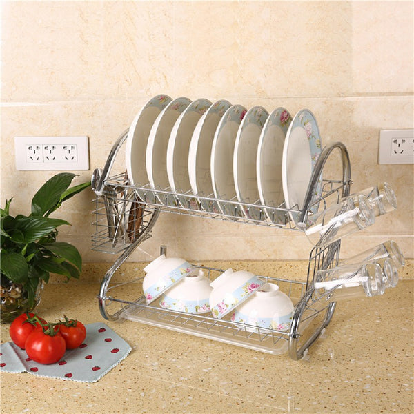 2 Tier Dish Drainer Rack with Drip Tray Draining Plate Bowl Rack