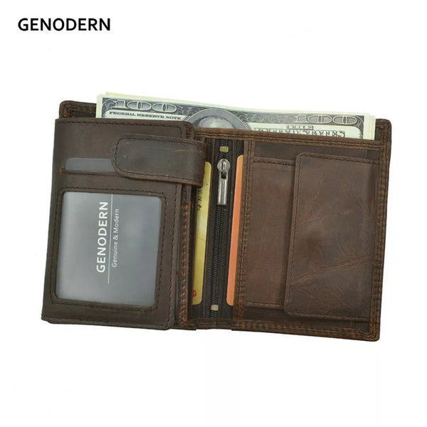 GENODERN Vintage Men Wallets Crazy Horse Leather Wallets for Men Multi Function Men Wallet with Coin Pocket Brown Male Purse