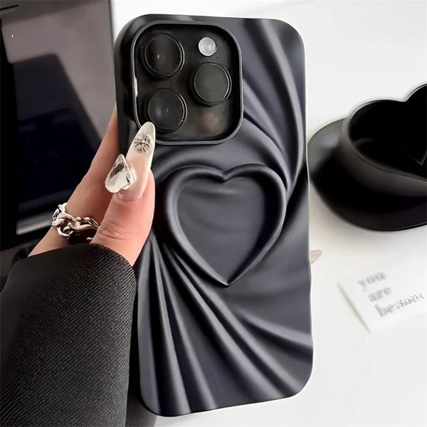 Korea Japan Cute 3D Pleated Love Heart Phone Case For iPhone 15 14 13 11 12 Pro Max Matte Fold Pattern Soft Silicone Cover Shell