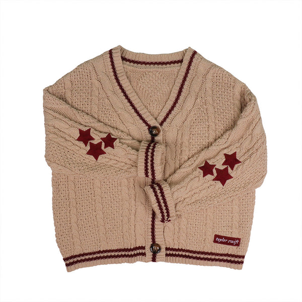 Red Stars Embroidery Beige Knit Cardigan