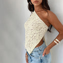 Ins Lace Backless Top Summer Solid Color Waistless Asymmetrical Sloped Neck Vest Streetwear Womens Clothes