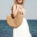 Women Boho Woven Handbag Summer Beach Tote Straw Bag Round Rattan Shoulder