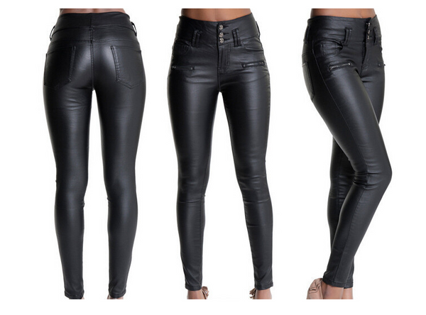 Explosion models high waist 3 button Slim leather pants PU feet pants