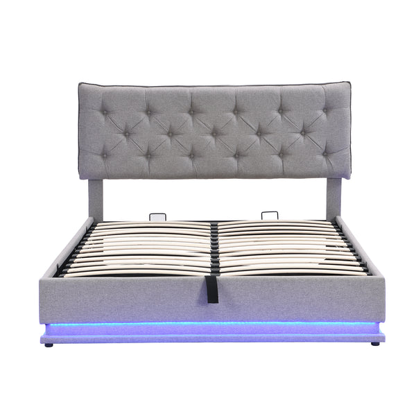 Queen Size Upholstered Bed with Hydraulic Storage System and LED Light, Modern Platform Bed with Button-tufted Design Headboard, Gray