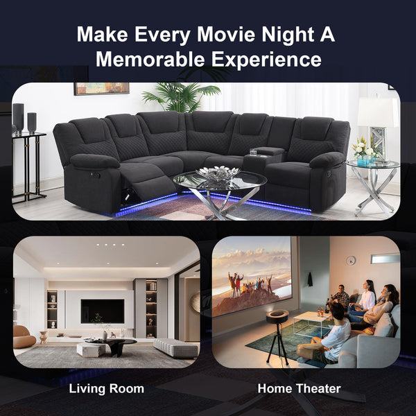 94.4" Home Theater Seating Modern Manual Recliner Sofa Chairs with Storage Box and Two Cup Holders for Living Room, Black