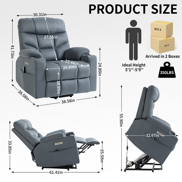 Okin Motor Up to 350 LBS Power Lift Recliner Chair, Heavy Duty Motion Mechanism with 8-Point Vibration Massage and Lumbar Heating, Cup Holders, USB and Type-C Ports, Removable Cushions, Blue