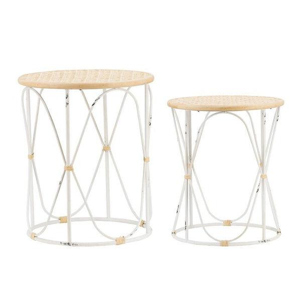 Set of 2 Bamboo Weave/Iron Side Tables Distressed White