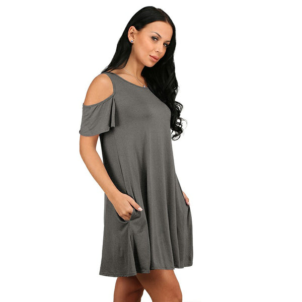 Women Summer Casual Spaghetti Strap Off Shoulder Ruffle Sleeves Shift Loose Mini Dress with Pockets