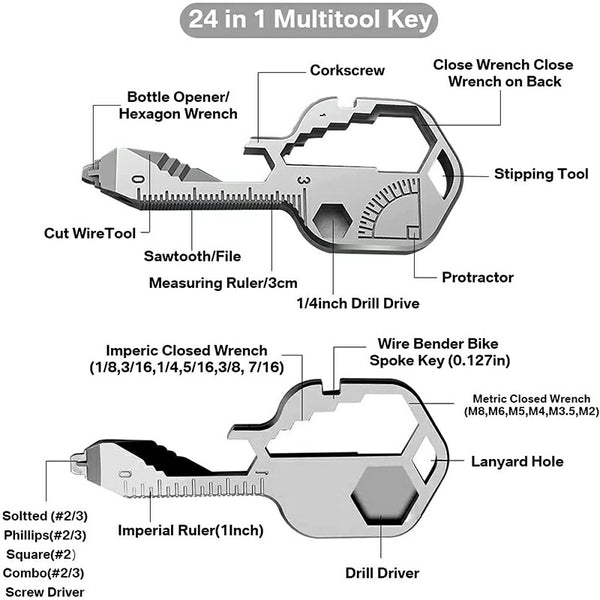 24 in 1 Multi Tool Key, Stainless Steel Key Shaped Pocket Tool